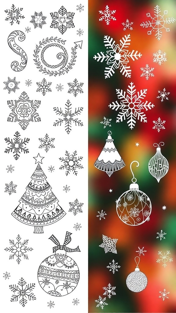 A variety of Christmas-themed Zentangle doodles including snowflakes, trees, and ornaments on a festive background.